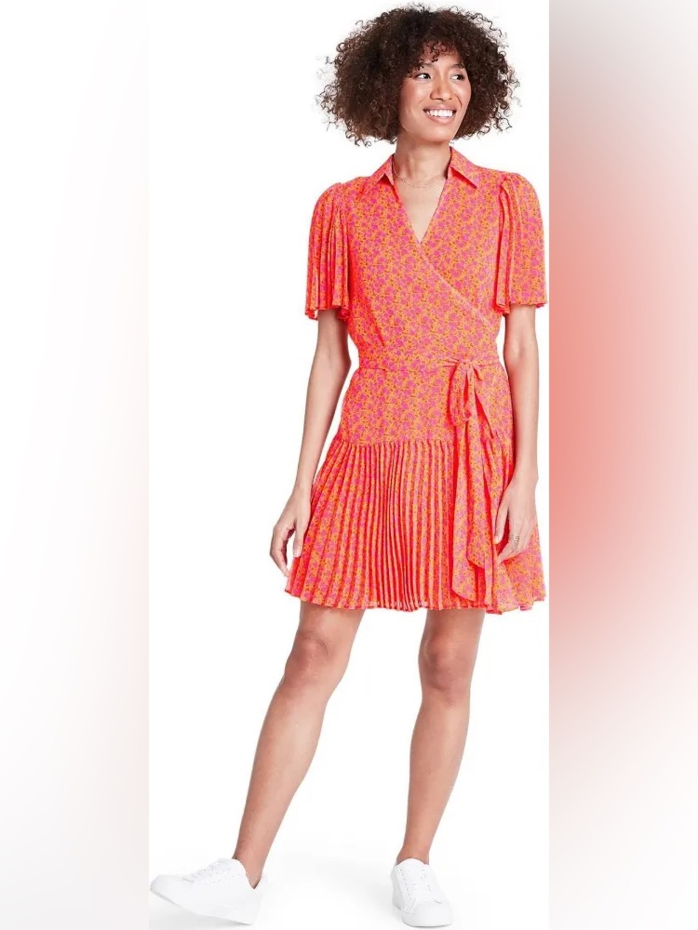 Alexis for Target Orange and Pink Floral Wrap Pleated Mini Dress